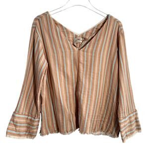 Faherty Striped Organic Cotton Top Women Small Frayed Hem V-Neck Long Sleeve‎